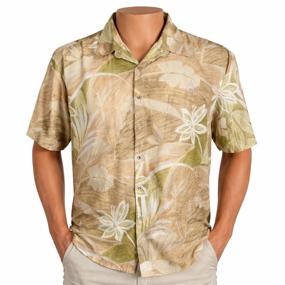 Tori Richard Hawaiian Shirt 2XL Poipu Bay Golf Course Floral Pale Brown Green